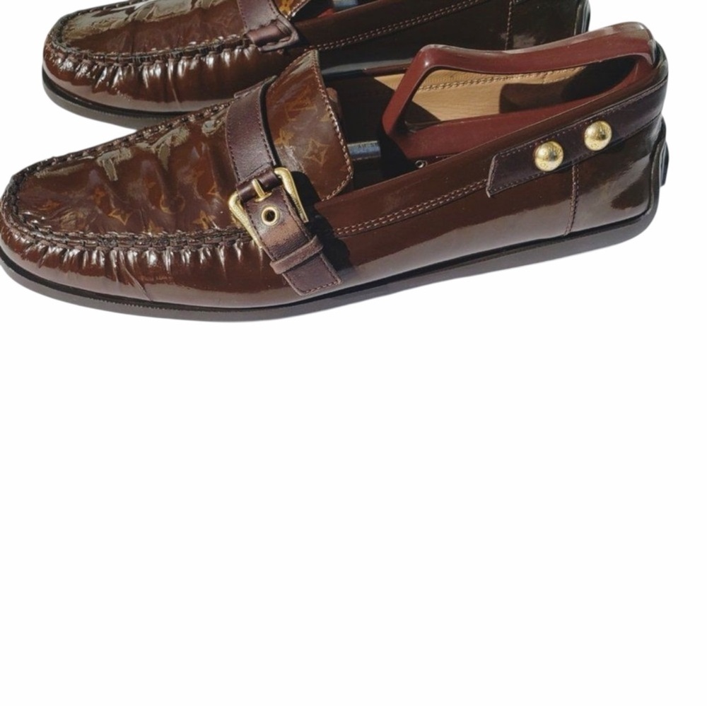Louis Vuitton Mini Lin Monogram Patent Loafers Brown EU 41 Designer Buckle Shoes - Picture 4 of 16